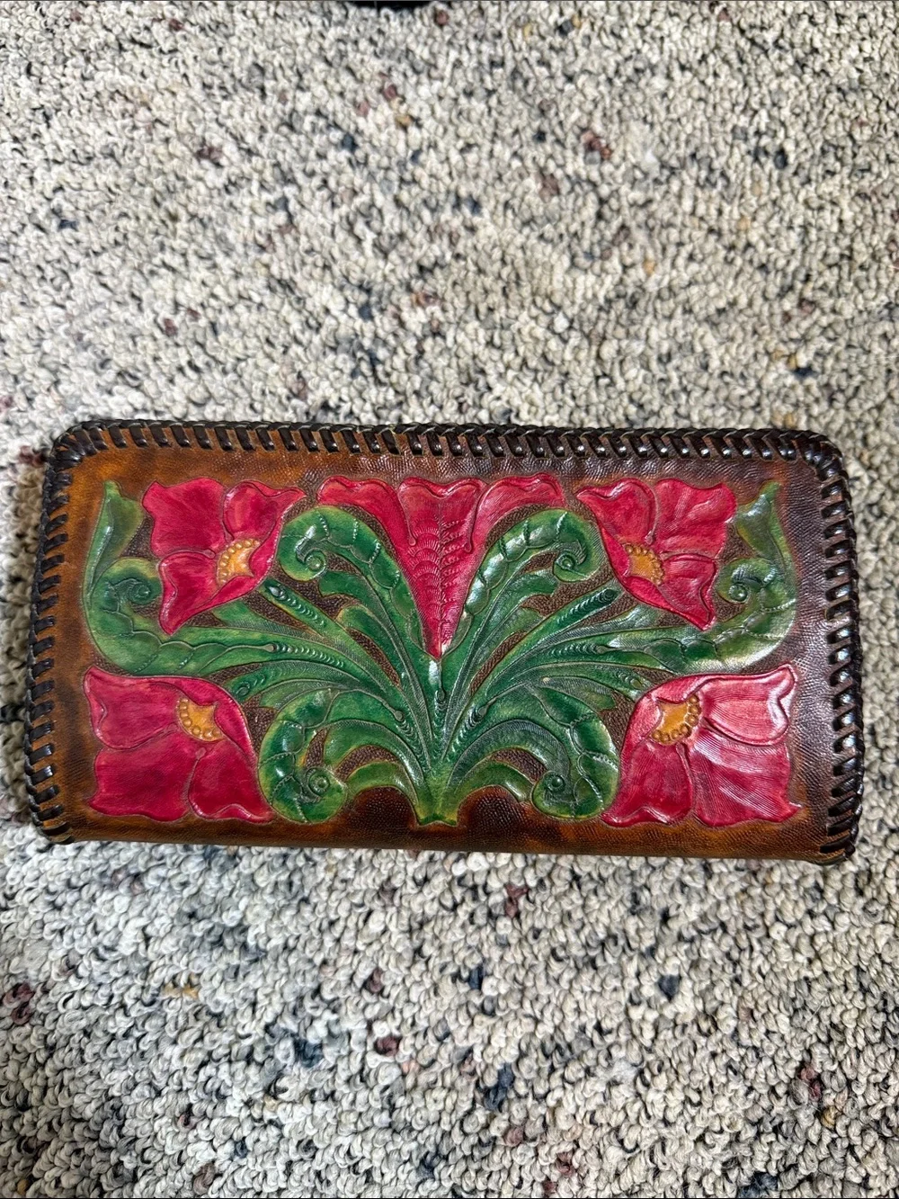 Vintage Hand-Tooled Leather Long Wallet Hand-Painted Red Floral Green Leaf Motif